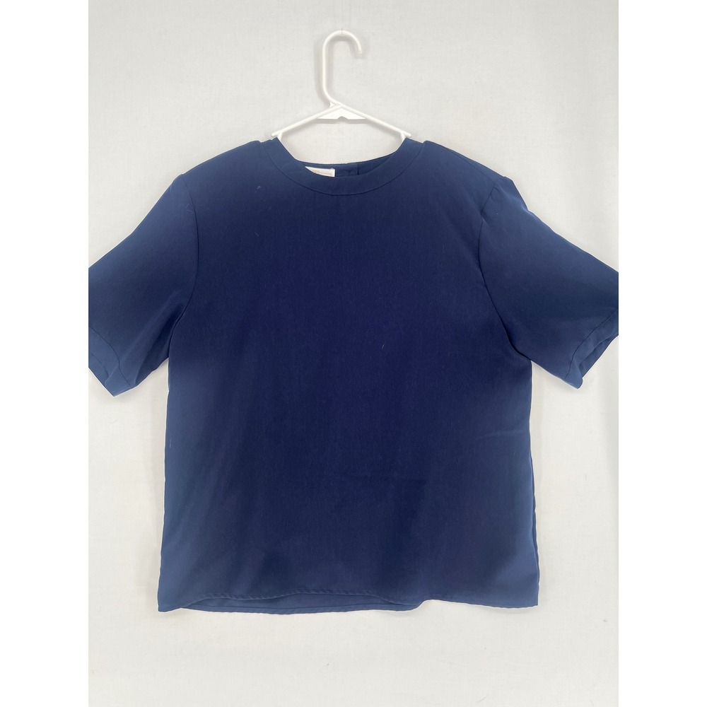Worthington Womens Large Navy Blue Short Sleeve Button Back Blouse Top L